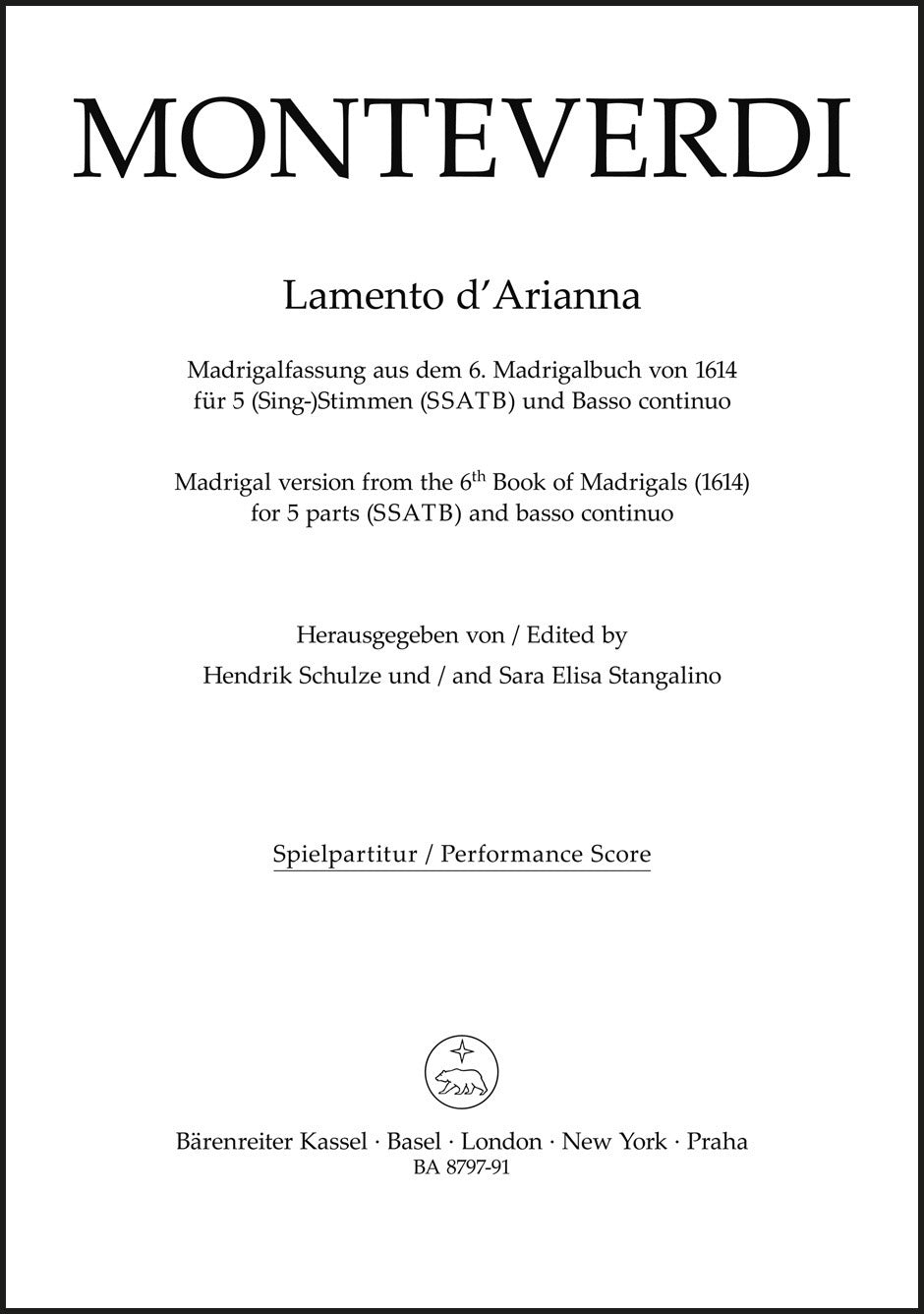 Monteverdi: Lamento d'Arianna for 5 parts (SSATB) and basso continuo