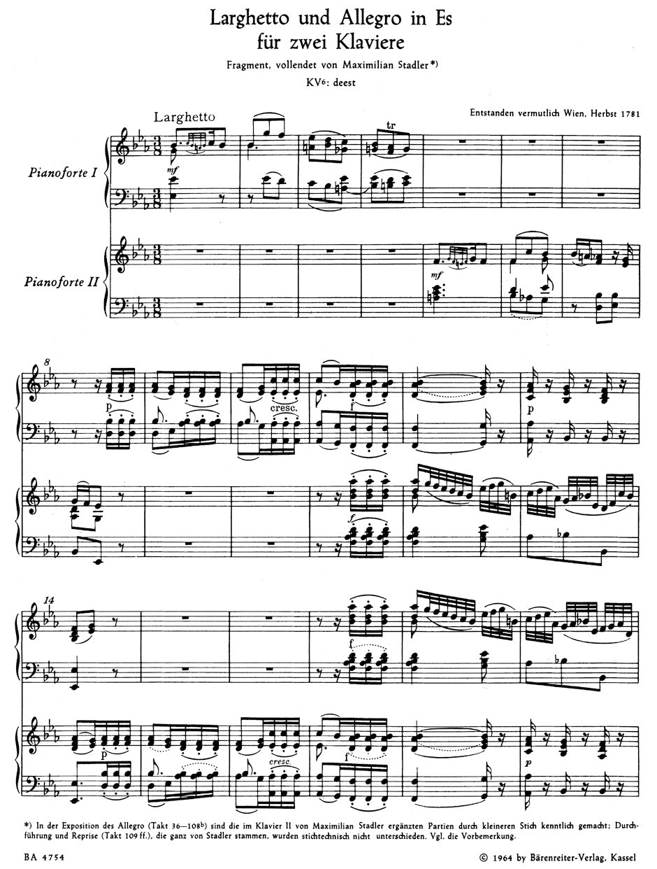 Mozart: Larghetto and Allegretto for 2 Pianos in E-flat Major, K. deest