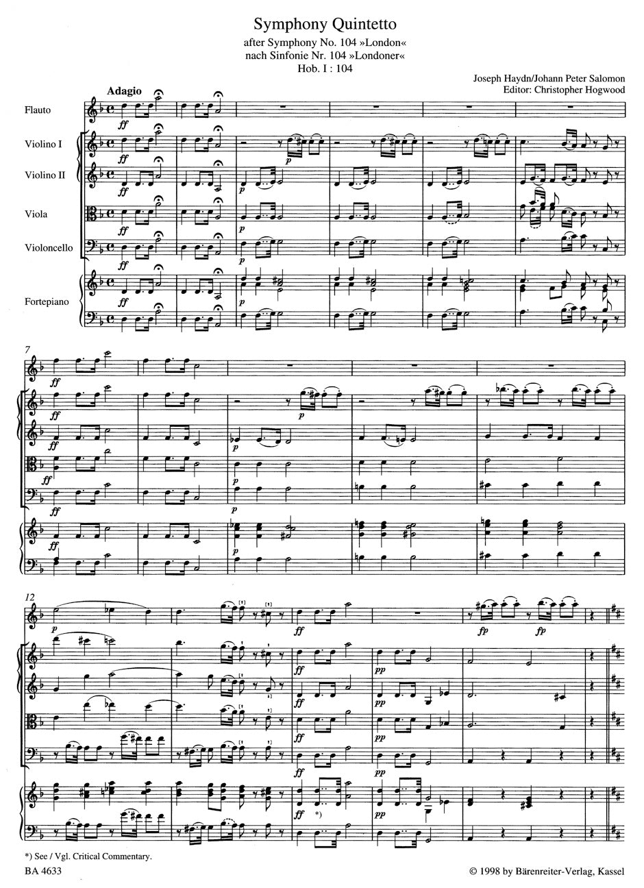 Haydn-Salomon: Symphony Quintetto based on "London" Symphony No. 12, Hob. I:104
