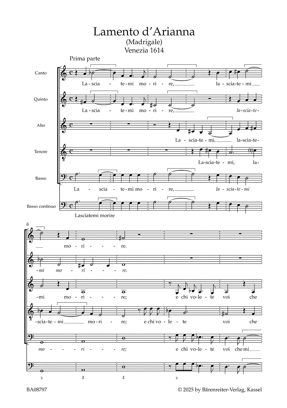 Monteverdi: Lamento d'Arianna for 5 parts (SSATB) and basso continuo