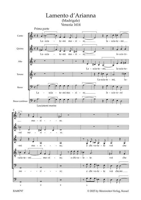 Monteverdi: Lamento d'Arianna for 5 parts (SSATB) and basso continuo