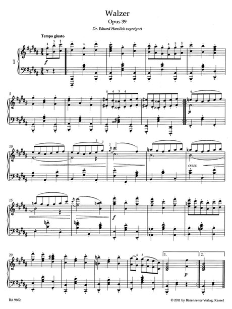 Brahms: Waltzes, Op. 39 (Solo Piano)
