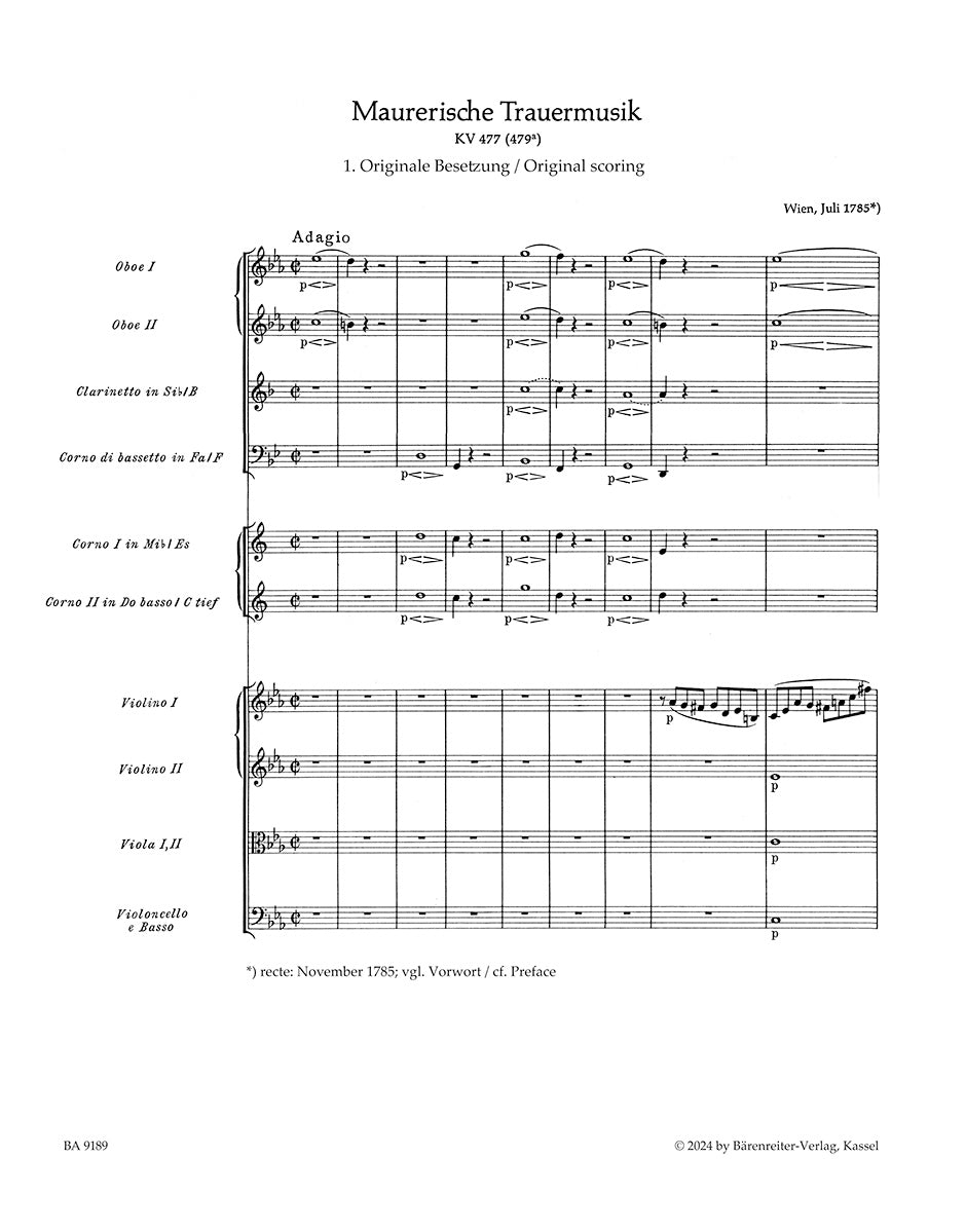 Mozart: Masonic Funeral Music, K. 477 (479a) – Barenreiter US