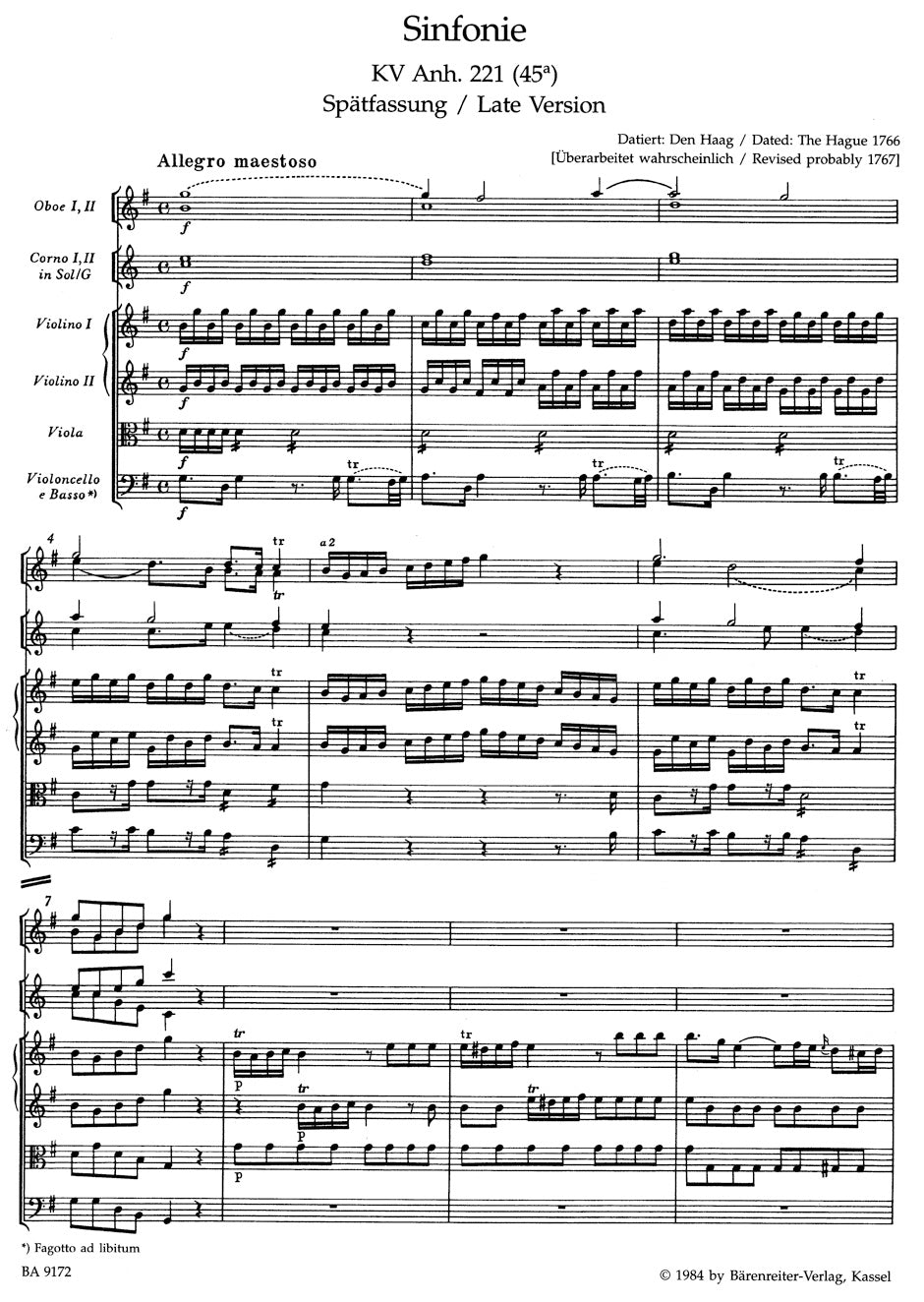 Mozart: Symphony in G Major, K. Anh. 221 (45a)